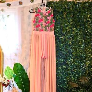 Sheer Pink Long Floral Romper Dress